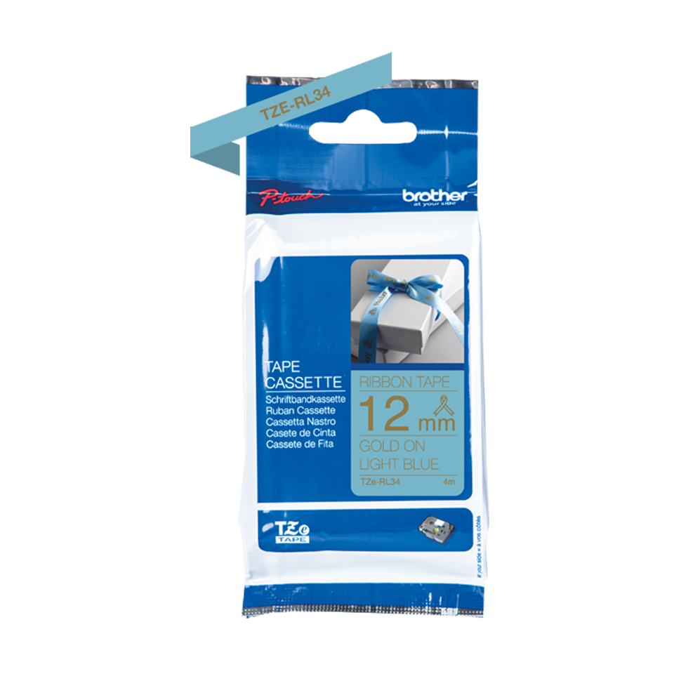 Genuine Brother TZe-RL34 Ribbon Tape Cassette – Gold on Light Blue, 12mm wide 3