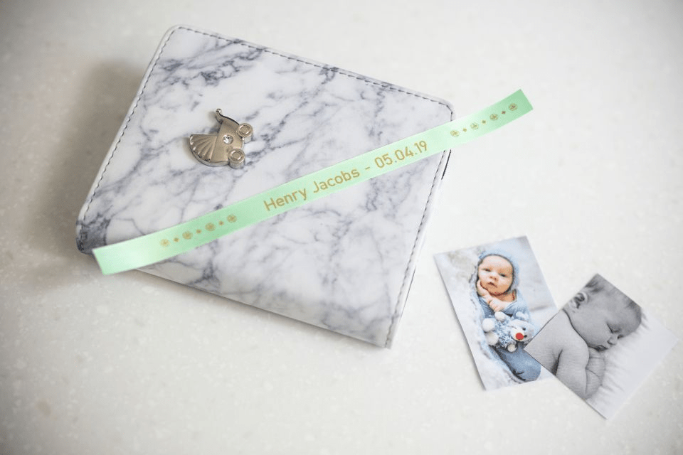 Brother TZe-RM34 satin ribbon tape cassette - gold on mint green - new born baby photo album with the name and date of birth of the baby