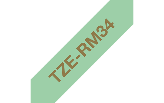 Originalt Brother TZe-RM34 satinbånd – Guld på mintgrøn, 12 mm bredt