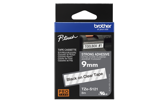 Casetă cu bandă de etichete originală Brother TZe-S121 – negru pe transparent, lățime de 9 mm 3