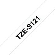 Oryginalna laminowana taśma z mocnym klejem TZe-S121 firmy Brother – czarny nadruk na przezroczystym tle, 9mm szerokości