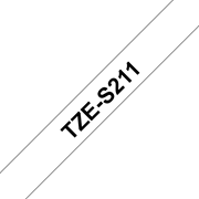 Oryginalna laminowana taśma z mocnym klejem TZe-S211 firmy Brother – czarny nadruk na białym tle, 6mm szerokości