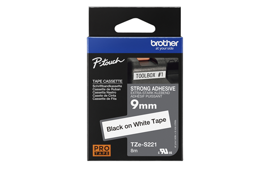Casetă cu bandă de etichete originală Brother TZe-S221 – negru pe alb, lățime de 9 mm 3