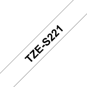 Oryginalna laminowana taśma z mocnym klejem TZe-S221 firmy Brother – czarny nadruk na białym tle, 9mm szerokości