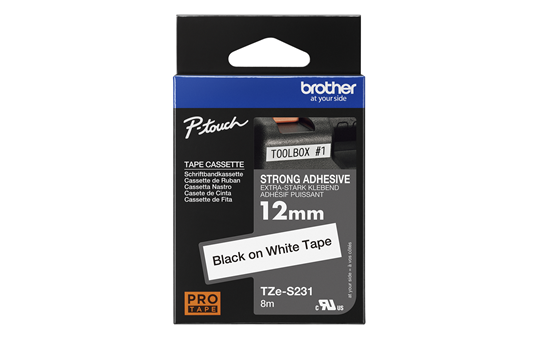 Genuine Brother TZe-S231 Labelling Tape Cassette – Black on White, 12mm wide TZe-S231 - оригинална Brother лента, с черен текст на бяла силно залепваща лента и ширина 12mm 3