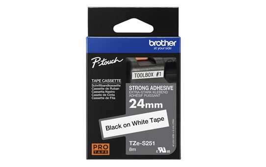Oryginalna laminowana taśma z mocnym klejem TZe-S251 firmy Brother – czarny nadruk na białym tle, 24mm szerokości 3