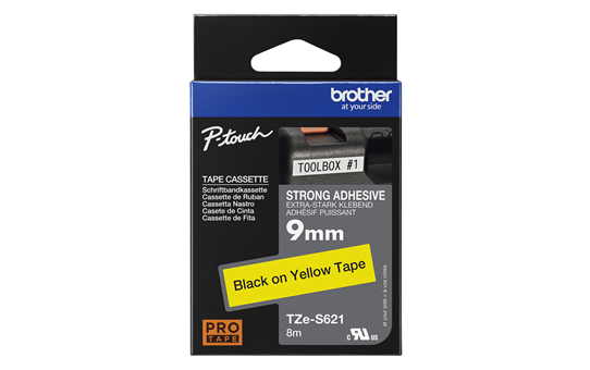 Oryginalna laminowana taśma z mocnym klejem TZe-S621 firmy Brother – czarny nadruk na żółtym tle, 9mm szerokości 3