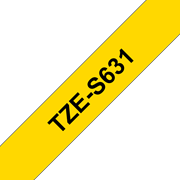 Oryginalna laminowana taśma z mocnym klejem TZe-S631 firmy Brother – czarny nadruk na żółtym tle, 12 mm szerokości