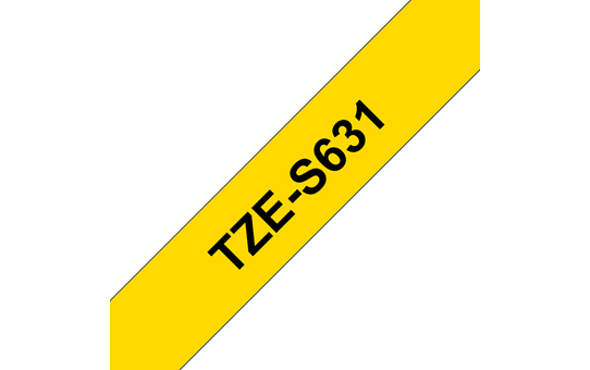 Oriģināla Brother TZe-S631 uzlīmju lentes kasete – melnas drukas dzeltena, 12mm plata