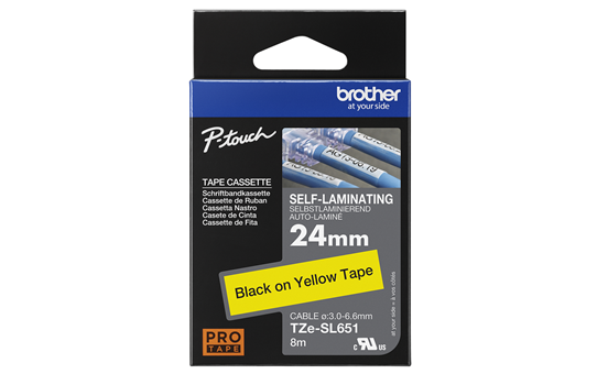Оригинална касета Brother TZe-SL651 със самоламинираща етикетираща лента – черен текст на жълта линта, ширина 24 мм 3