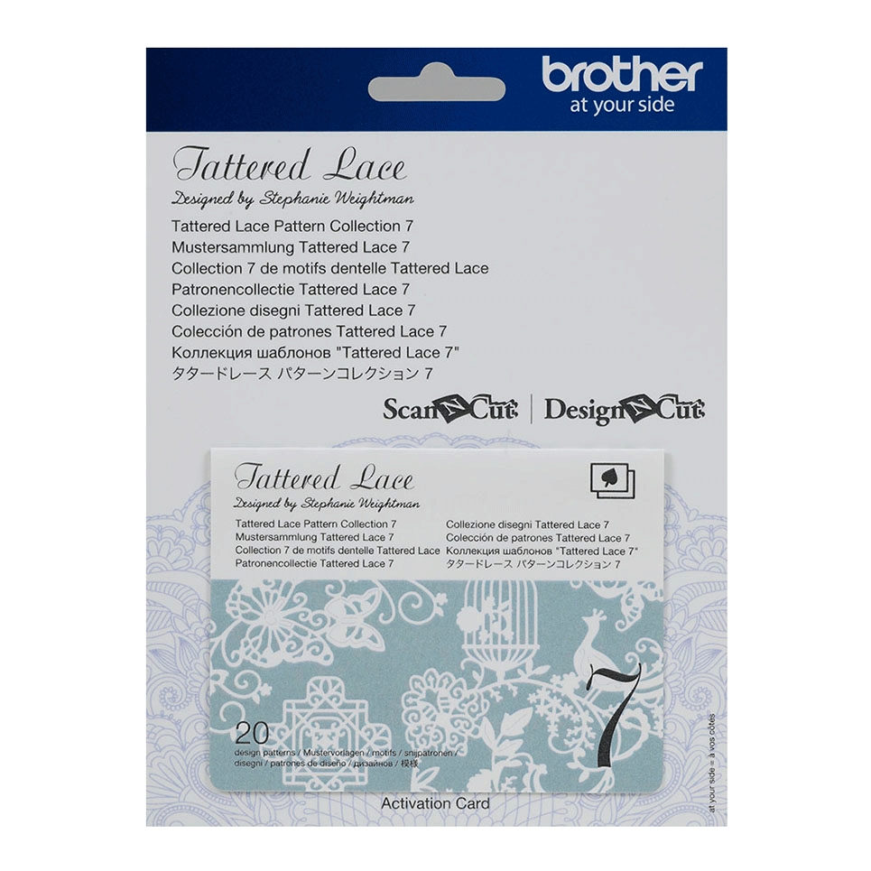 Lichtblauwe en witte activeringskaart Tattered lace met kantpatronen